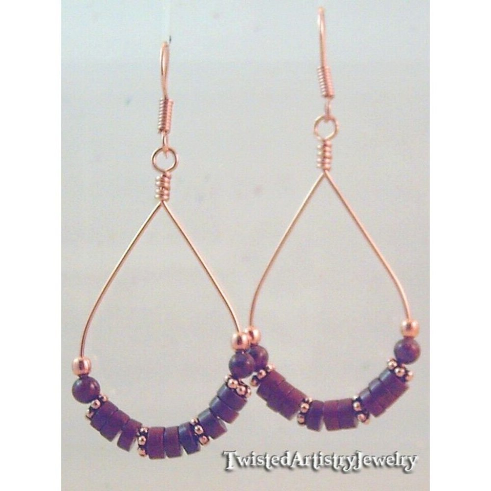 Red Jasper Beaded Copper Teardrop Hoop Earrings One-Of-A-Kind Handmade - Picture 2 of 3